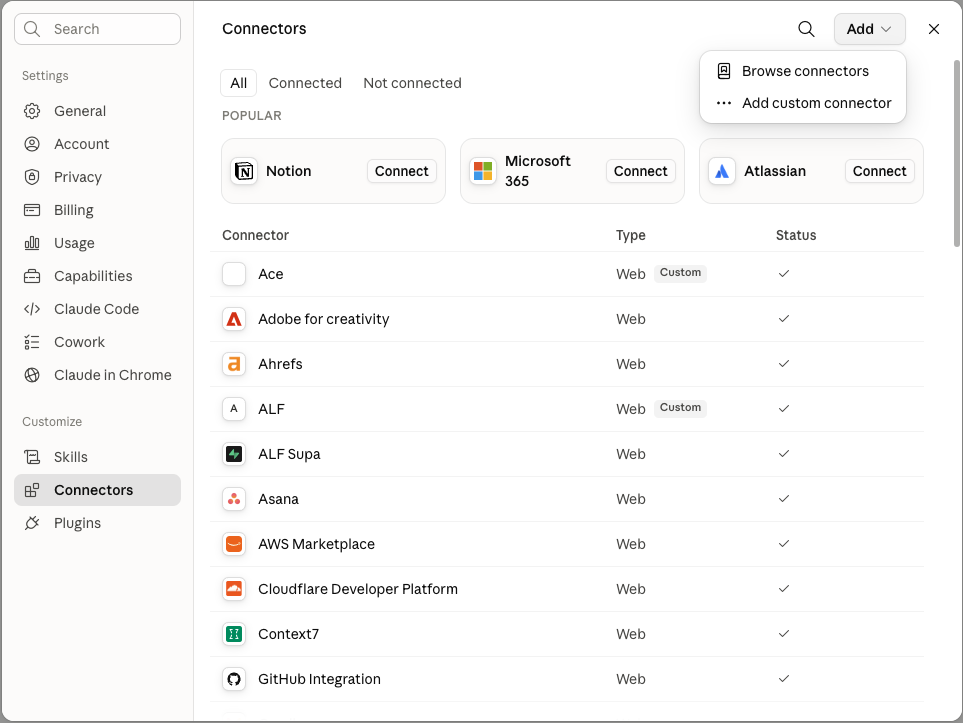 claude.ai Settings with the Connectors tab open and the Add menu expanded, showing the Add custom connector option