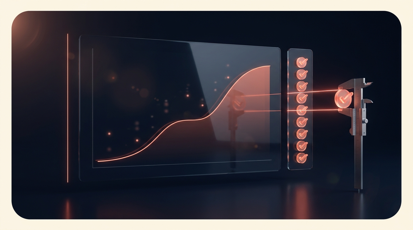 A glossy S-shaped prediction curve on a glass panel being measured against a column of verified outcome checkmarks by a pair of precision calipers