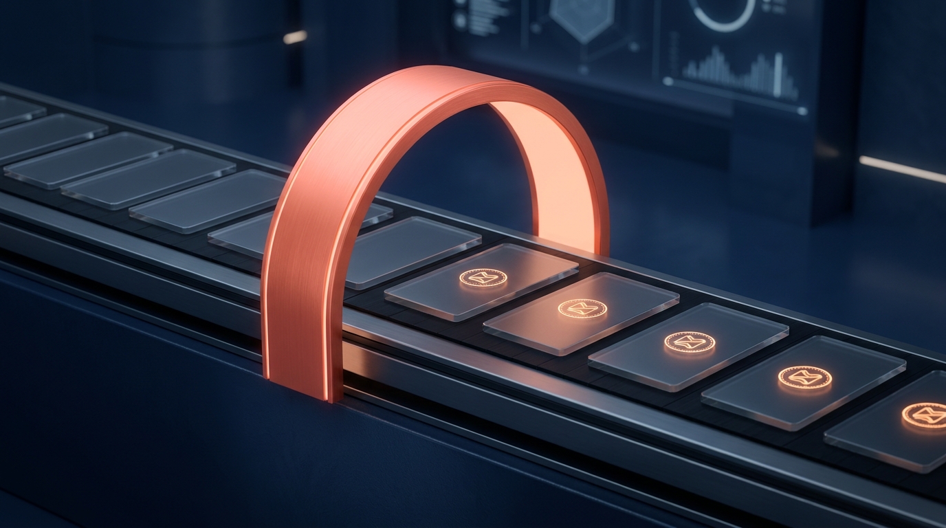 A conveyor of glowing prediction cards passing under a copper arch that scans and stamps each one against its real recorded outcome