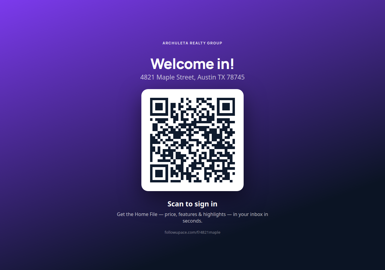 The open-house door sign — branded, with a large QR visitors scan to sign in on their own phones