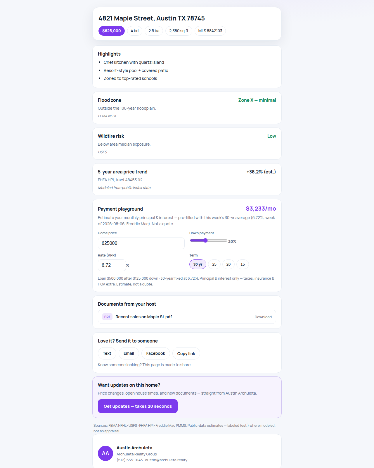 The Home File — a hosted property dossier with the listing facts, area data sections, the payment playground, and the share strip