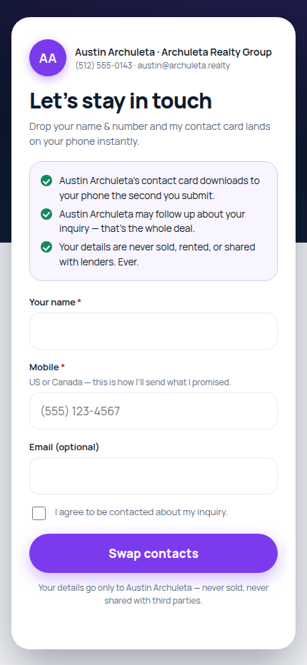 The Quick Connect card on a phone — two fields and the agent's contact card delivered on submit