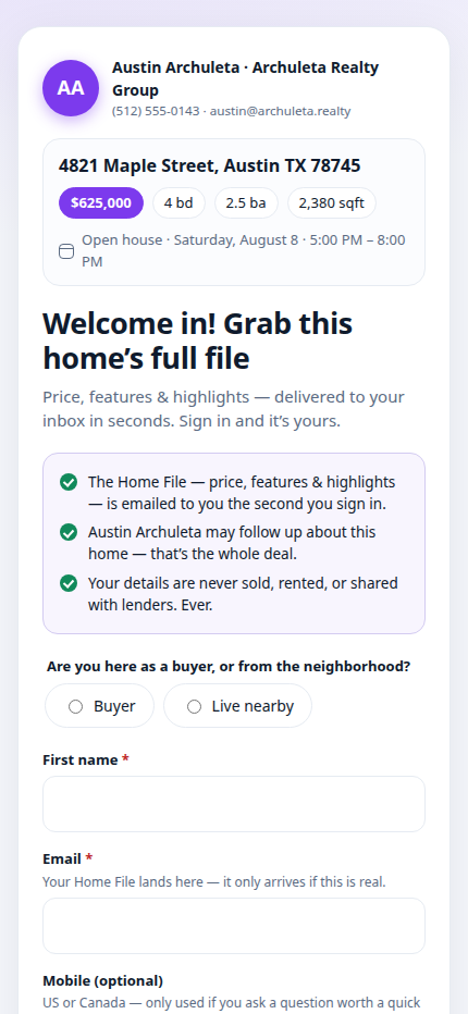 The visitor sign-in page on a phone — agent branding, the 'what happens when you submit' checklist, and big friendly fields
