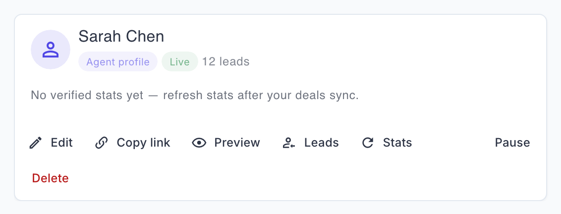 An Ace Page card in the admin list with its Agent profile and Live chips and the full action row — Edit, Copy link, Preview, Leads, Stats, Pause and Delete