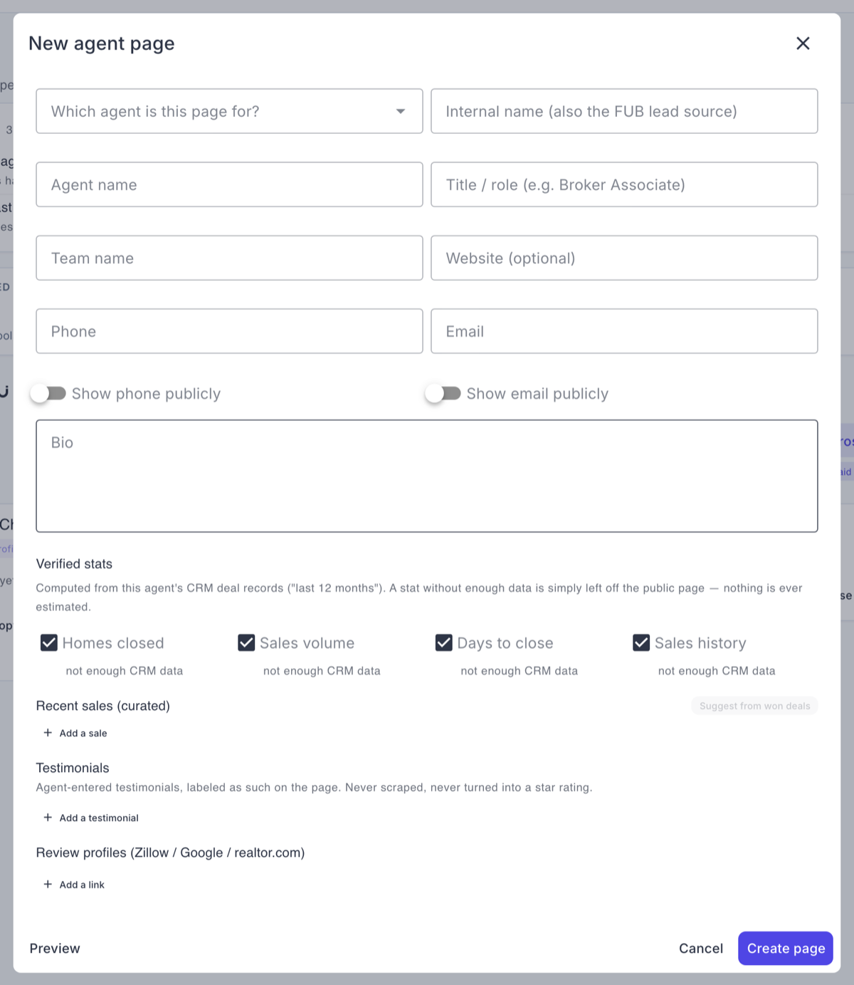 The New agent page builder showing the identity block, the verified stats checkboxes and the curated recent-sales section