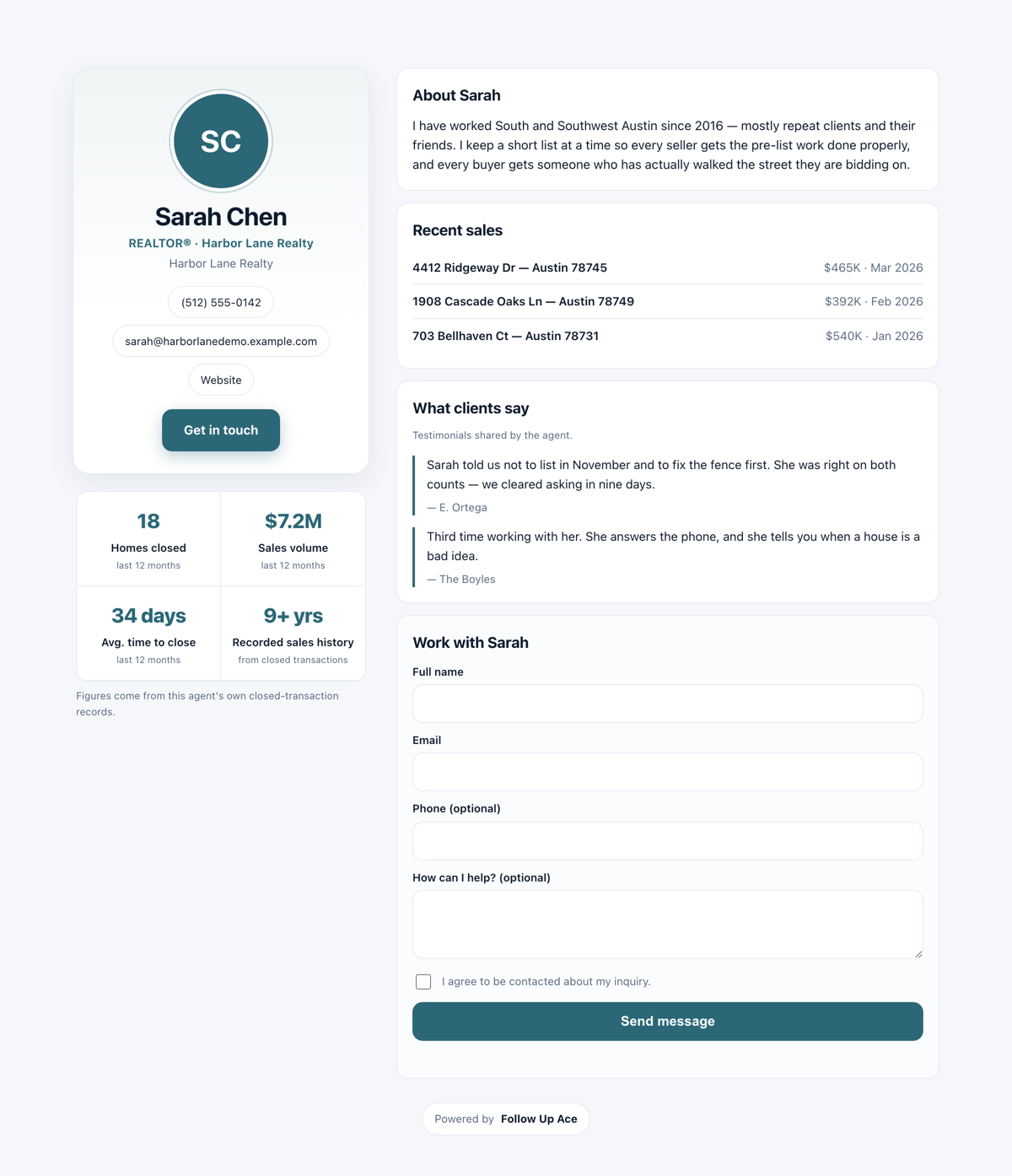 A published public Ace Page as a visitor sees it, with the verified stats row, recent sales, agent-entered testimonials and the contact form — and no star rating anywhere