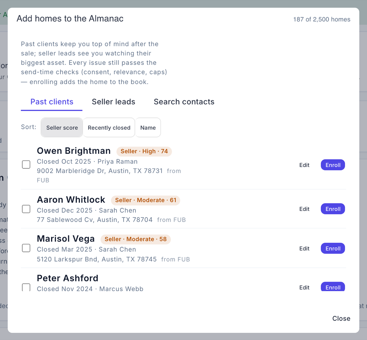The Add homes to the Almanac dialog on the Past clients tab, with Enroll on rows that have an address and Add address on the rows that do not
