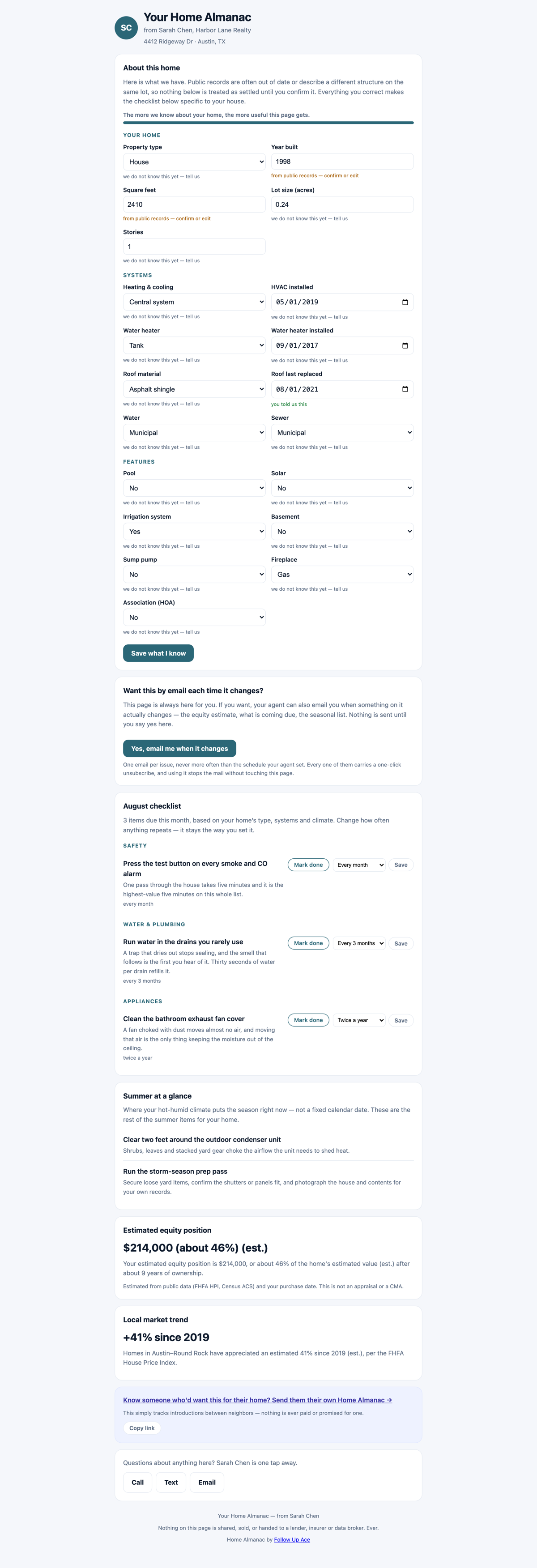 The homeowner Home Almanac page as the homeowner sees it without logging in, with the home profile, the seasonal checklist, the estimated equity figure and its not-an-appraisal note