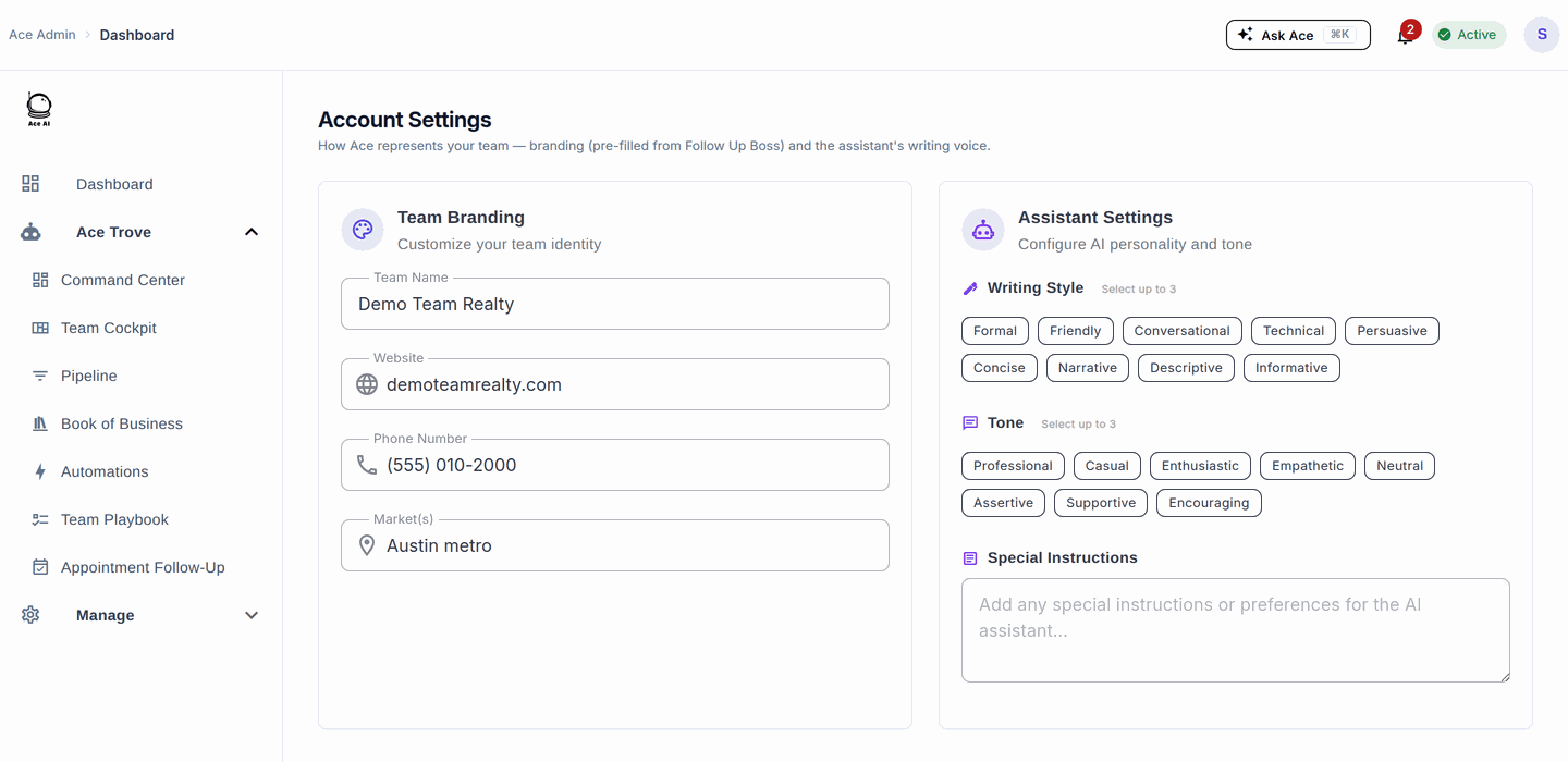 Assistant Settings screen with Team Branding and Assistant Settings cards