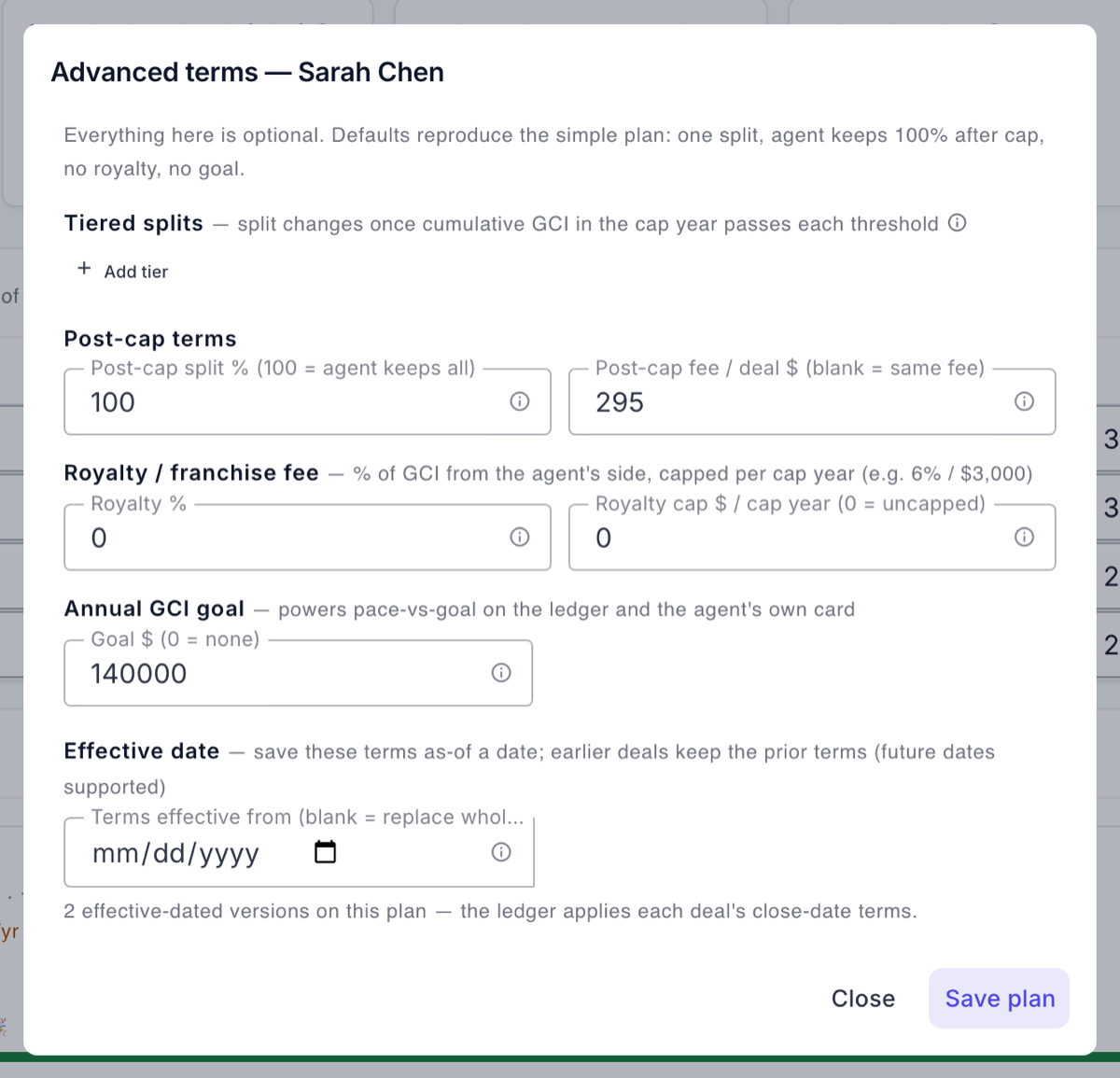 The Advanced terms dialog open on the effective-date field, which replaces only the terms from that date forward rather than the whole plan