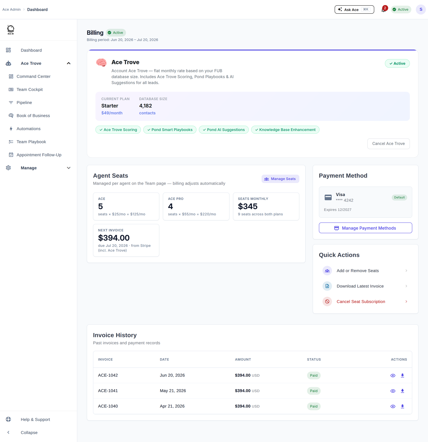 Billing page Ace Trove card showing the Starter tier at 49 dollars per month for 4,182 contacts, agent seat totals, and the combined next invoice