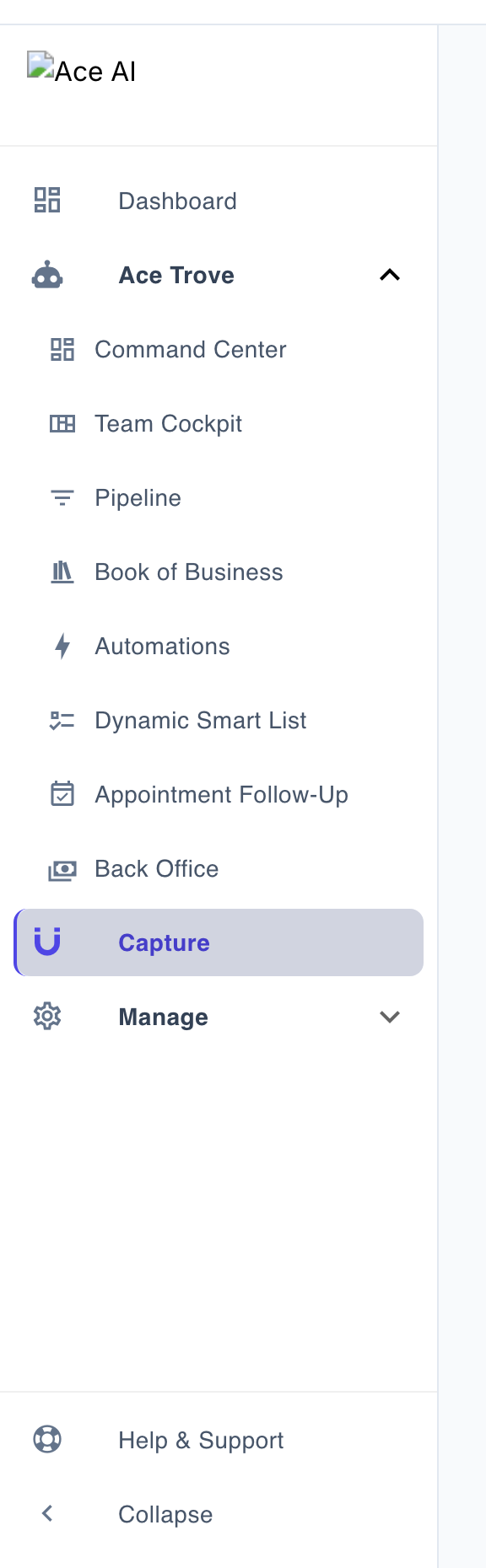 The admin sidebar showing the Capture row sitting outside the Ace Trove group, above Manage