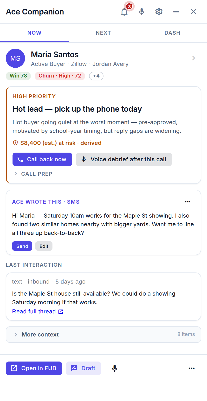 Ace Companion NOW pane showing a contact with Win Score and churn risk, a high-priority coaching card, and an AI-drafted message with Send and Edit buttons