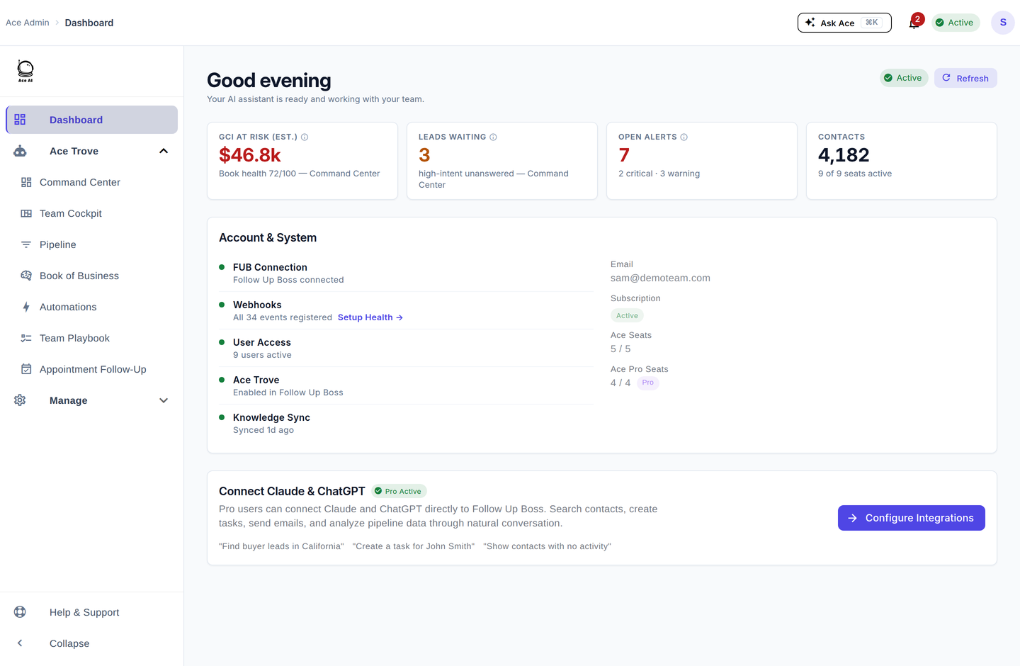 The Follow Up Ace admin dashboard after setup, showing health tiles and the navigation