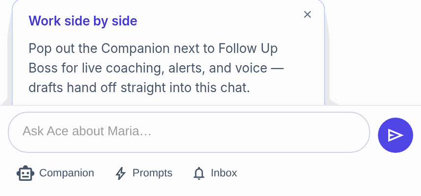 The Ace embed chat bar with a Work side by side coach mark explaining how to pop out the Companion, and Companion, Prompts, and Inbox chips