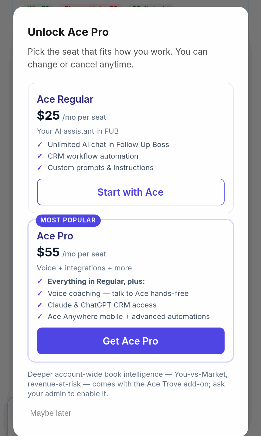 Upgrade modal titled Unlock Ace Pro with an Ace Regular card at 25 dollars per seat and an Ace Pro card at 55 dollars per seat marked Most Popular, listing each plan's features