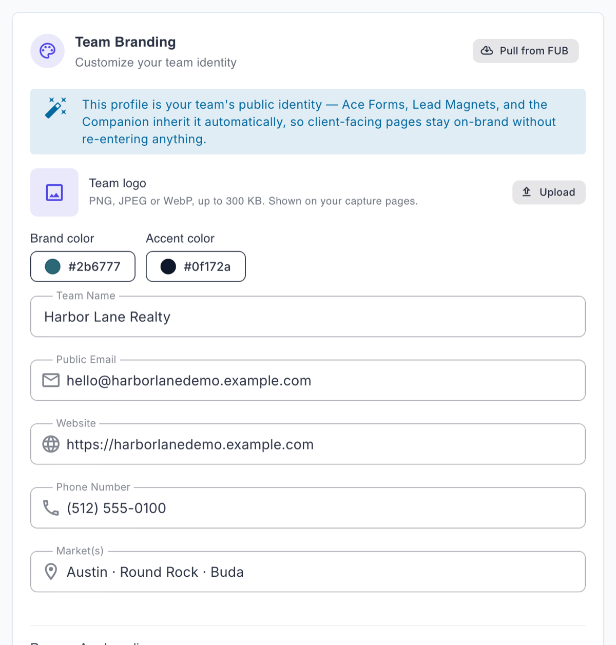 The Team Branding card in Account Settings, with the team logo and brand colour set and the Pull from FUB action