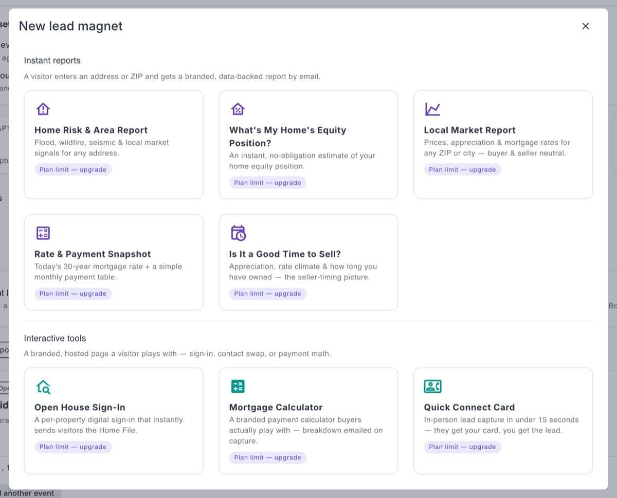 The New lead magnet dialog scrolled to the instant reports, showing all five report magnets by name
