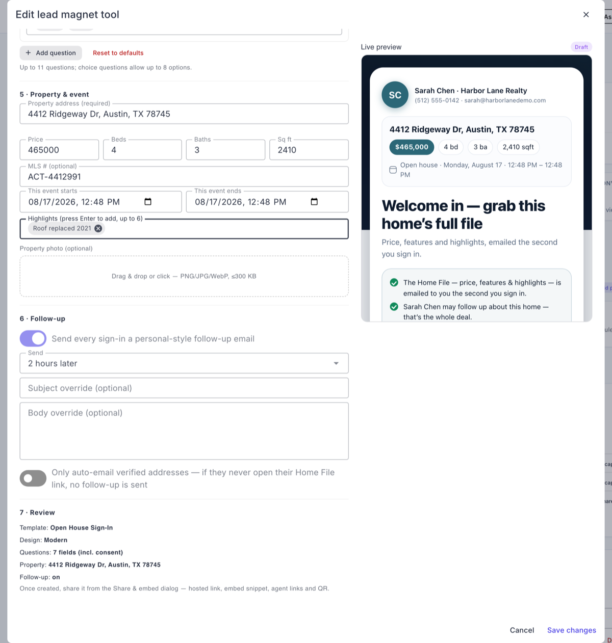The open-house builder with the property and event details filled in beside the live page preview