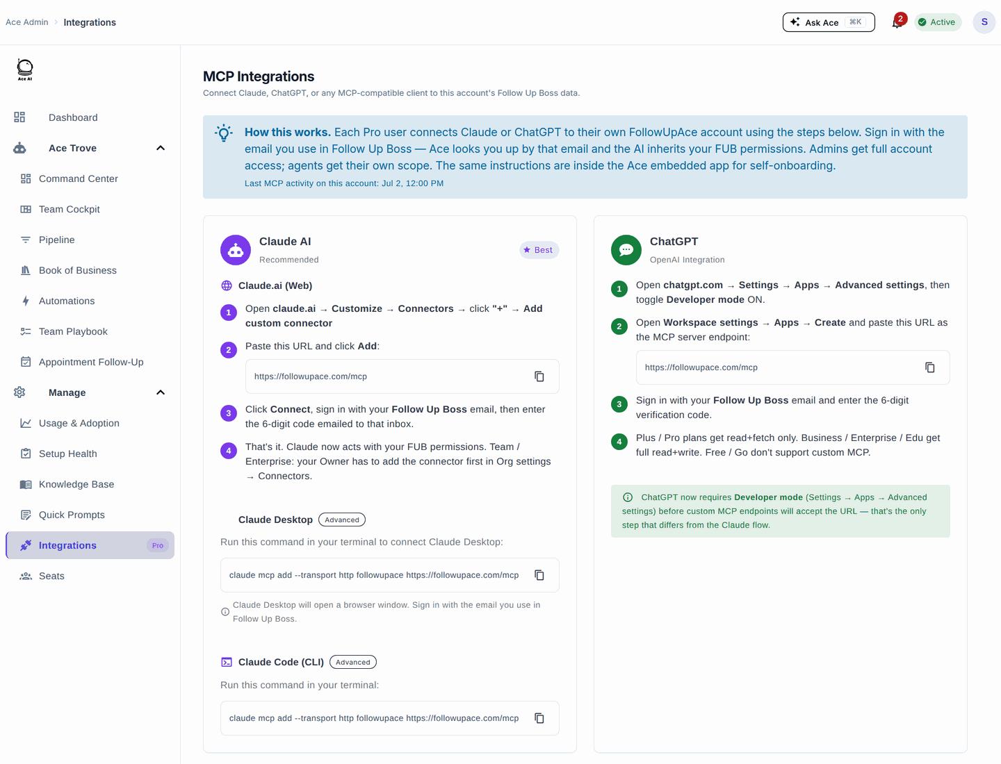 Integrations page with Claude and ChatGPT connect cards and copy-paste MCP server URLs