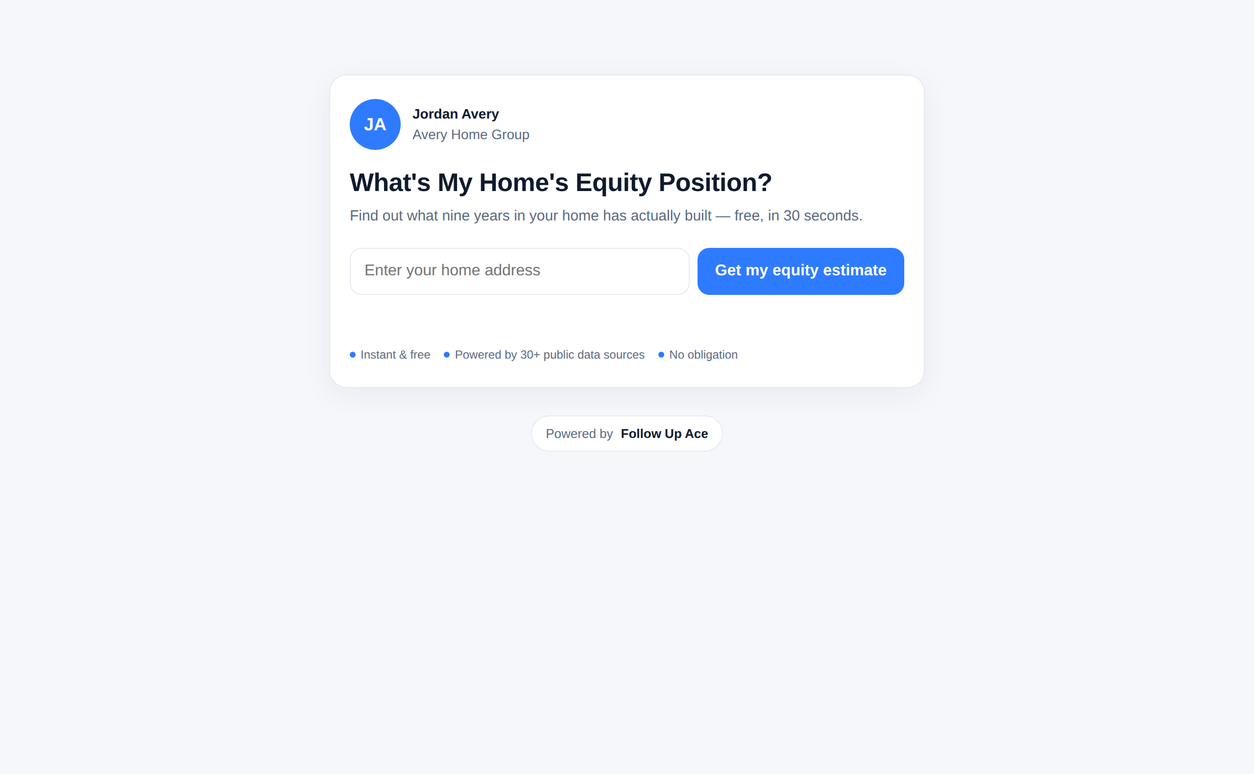 A live Lead Magnet capture page — agent branding, headline, address field, and the Powered by Follow Up Ace credit