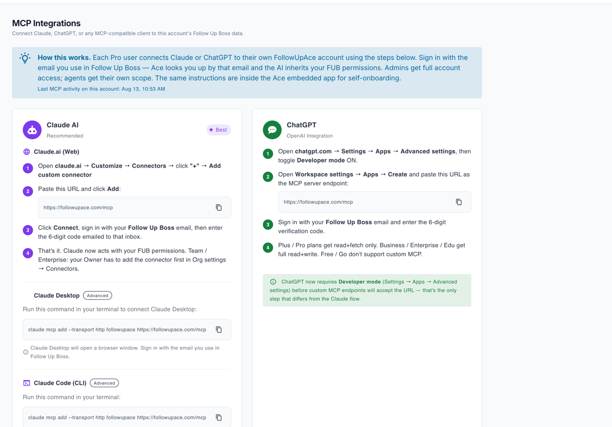The Integrations page in the admin dashboard showing the Ace connector server URL, the live connection status and the tool list