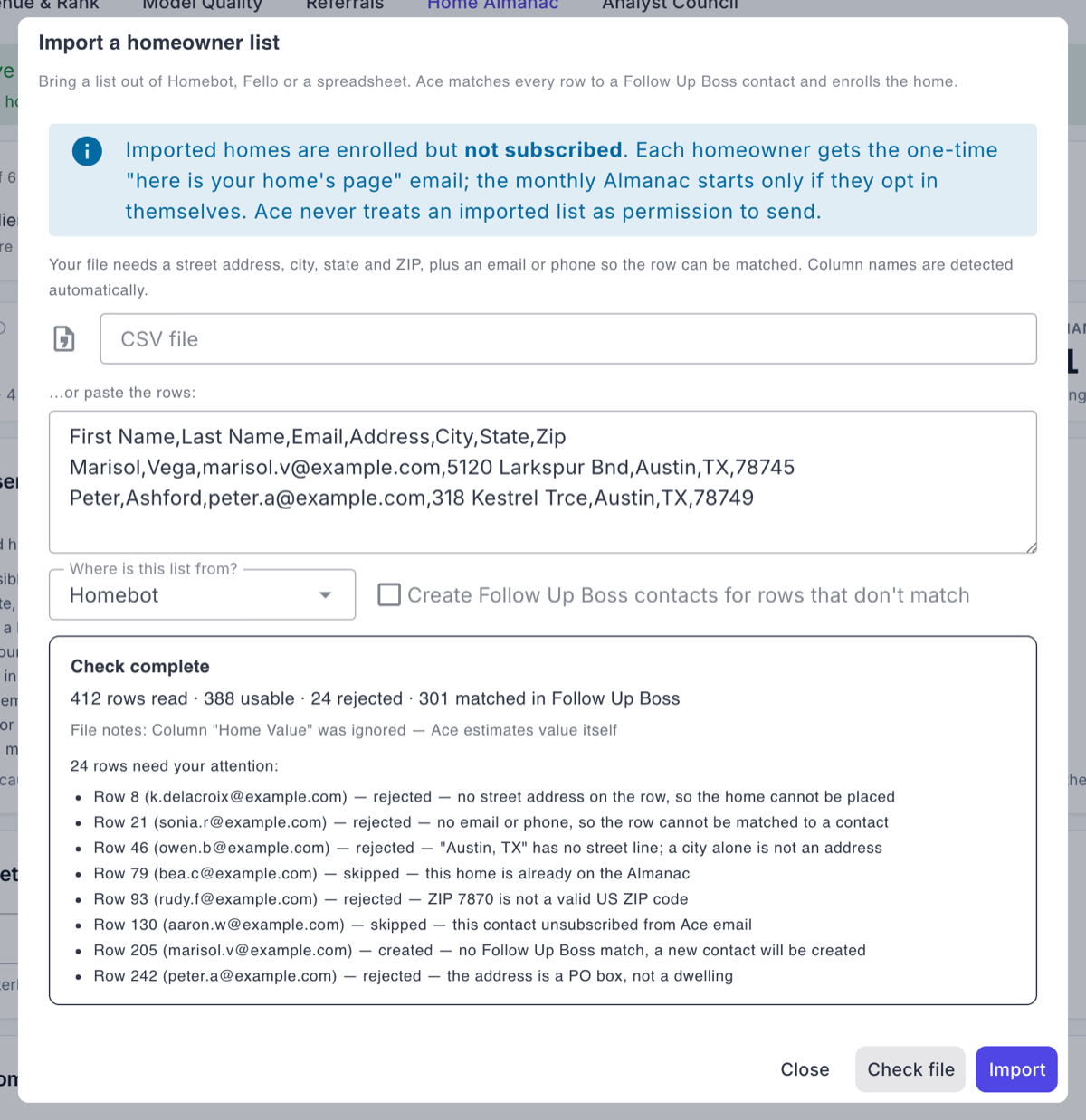 The Home Almanac import review step, showing per-row outcomes — matched, created, skipped and rejected with the reason — before anything is committed