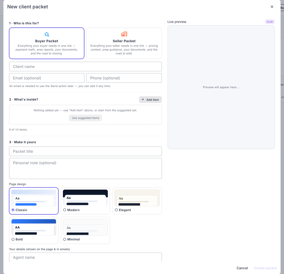 The Client Packet builder for a buyer packet, showing the composed item cards, the personal note and the recipient block