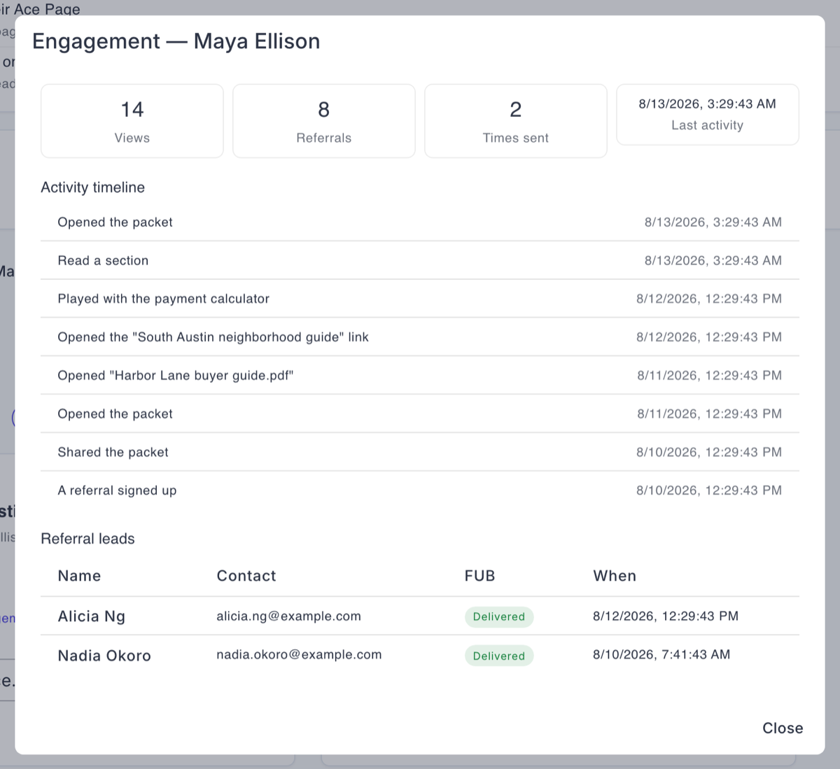 The engagement drawer on a sent client packet, showing which sections the recipient opened and when