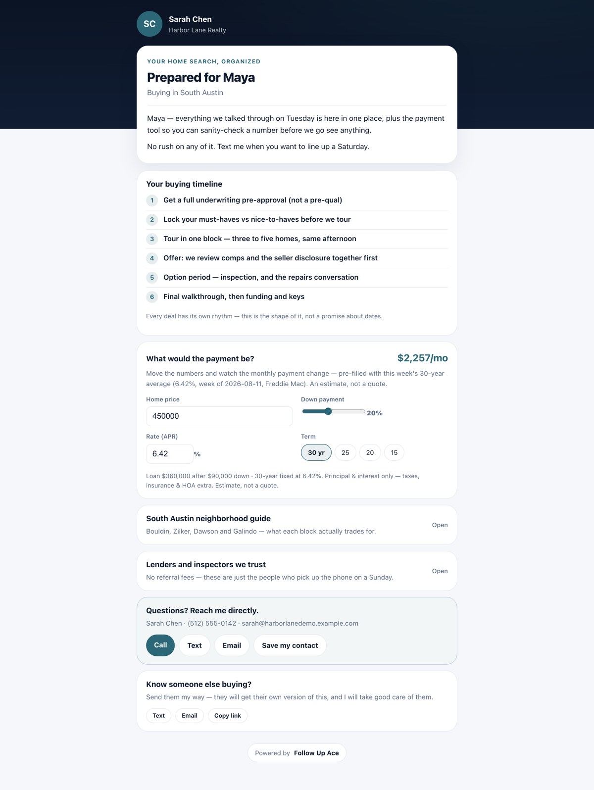 The public client packet page as the recipient sees it, with the agent branding, the item cards and the buying-timeline checklist