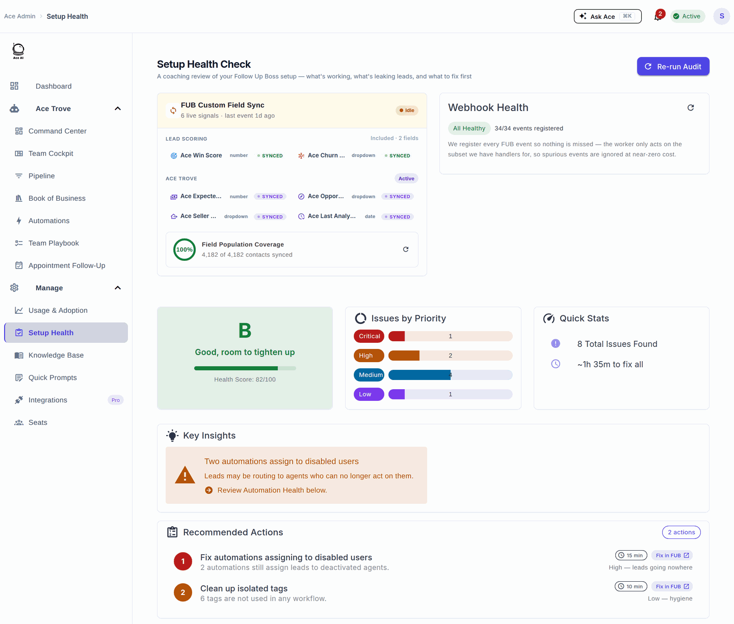 Setup Health Check with FUB field sync, webhook health, an overall grade, and recommended actions